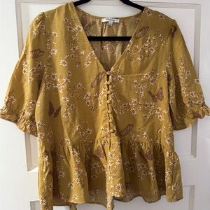 Madewell Courtyard Ruffle-Hem Top in Butterfly Sanctuary Mustard Floral Blouse M